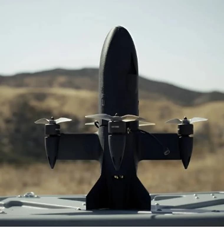 Rocket 01 quad-rotor tail-sitter drone on a launch platform