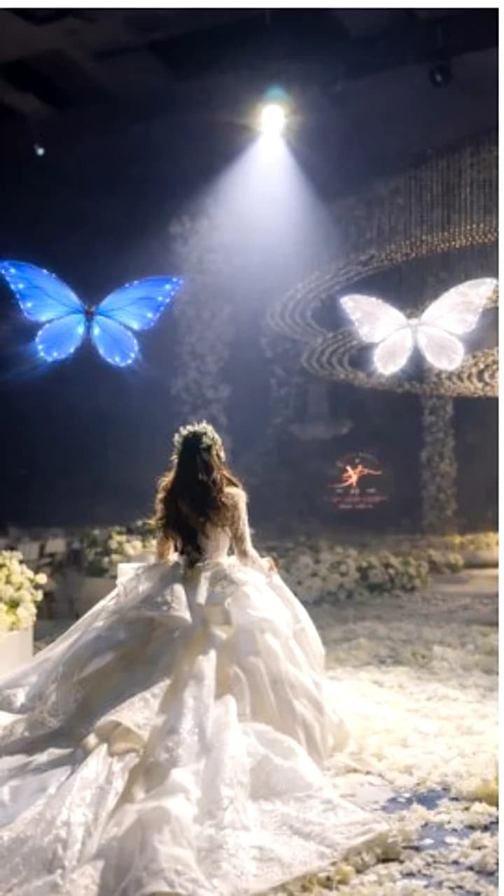 Blue and white Titli butterfly drones flying over a bride at her wedding entry
