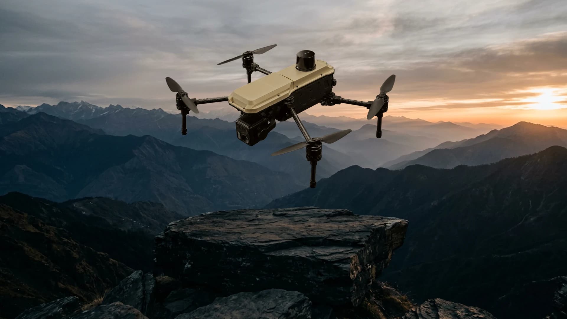 A drone flying at long range over open land